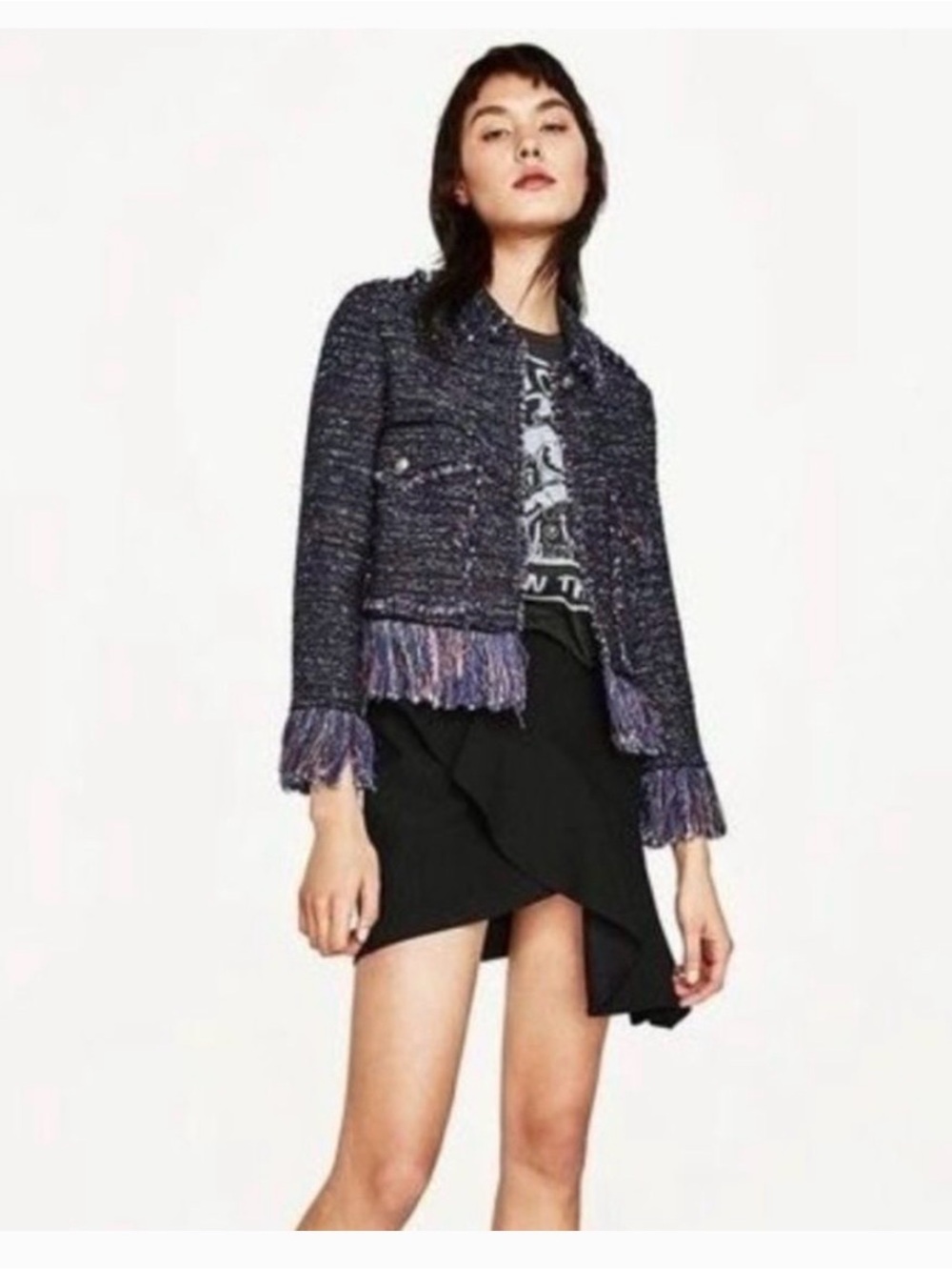 Zara Navy Tweed Fringe Cropped Jacket